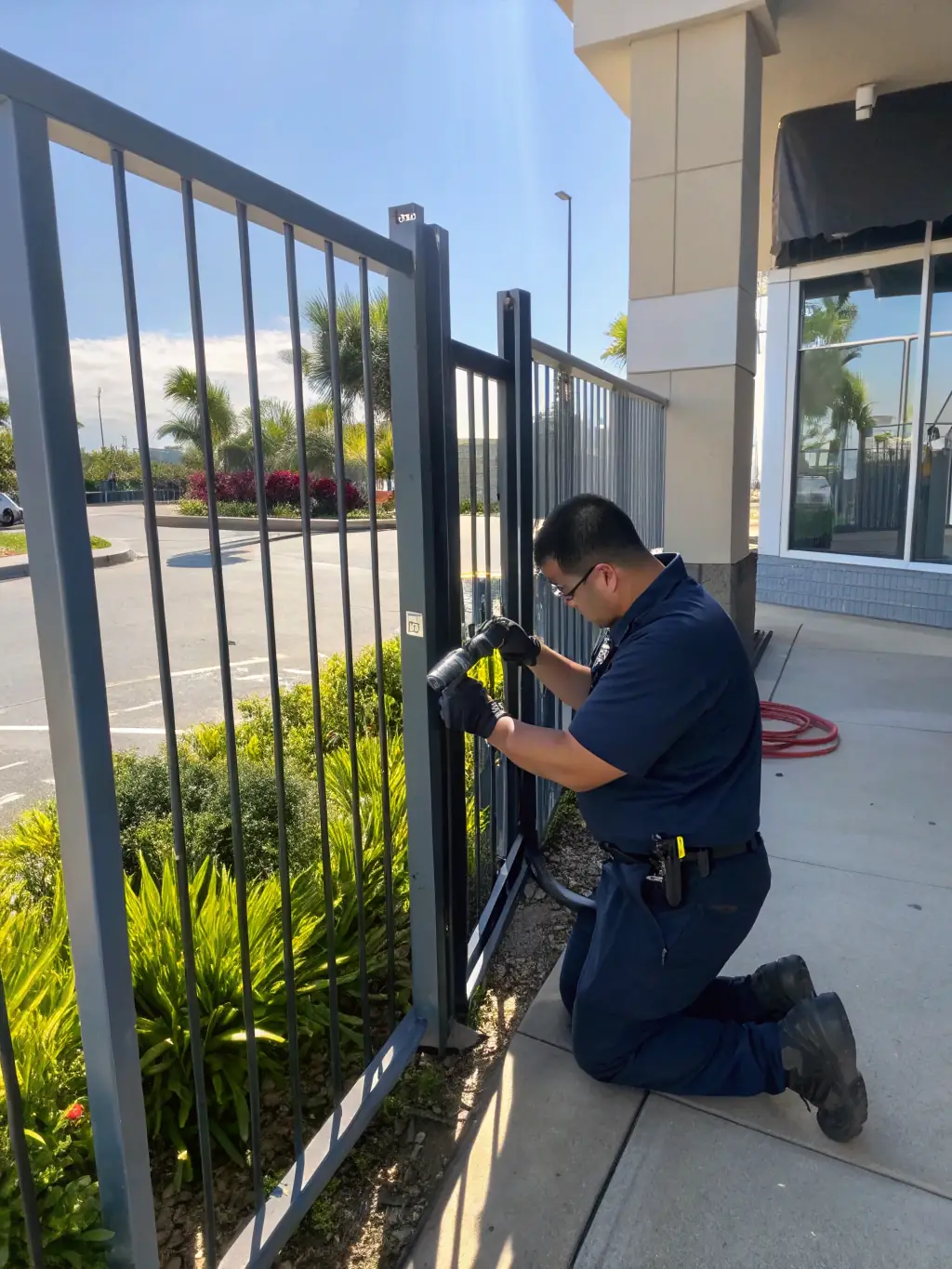 A close-up shot of a technician inspecting a gate's hinges for wear and tear, with tools visible in the background, emphasizing the initial inspection phase.